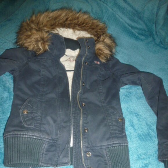 Hollister Coat Faux Fur Hooded Utility Outerwear Navy Blue SzS - Picture 3 of 15
